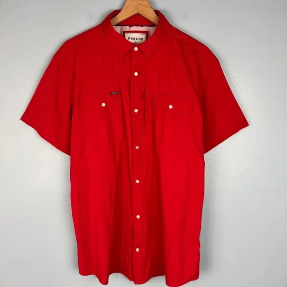 Poncho Men's XL Red Short Sleeve Western Snap Performance Vented Slim Fit Shirt